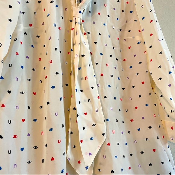 NWT - ModCloth - cream with multi-color I love you - ‘eye <3 U’ necktie blouse - Picture 3 of 8